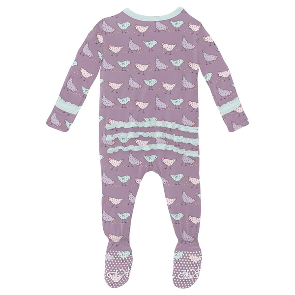 Print Muffin Ruffle Footie with 2 Way Zipper -Lavender Chickens