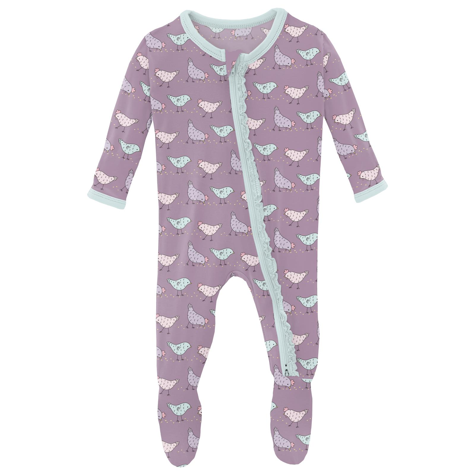 Print Muffin Ruffle Footie with 2 Way Zipper -Lavender Chickens