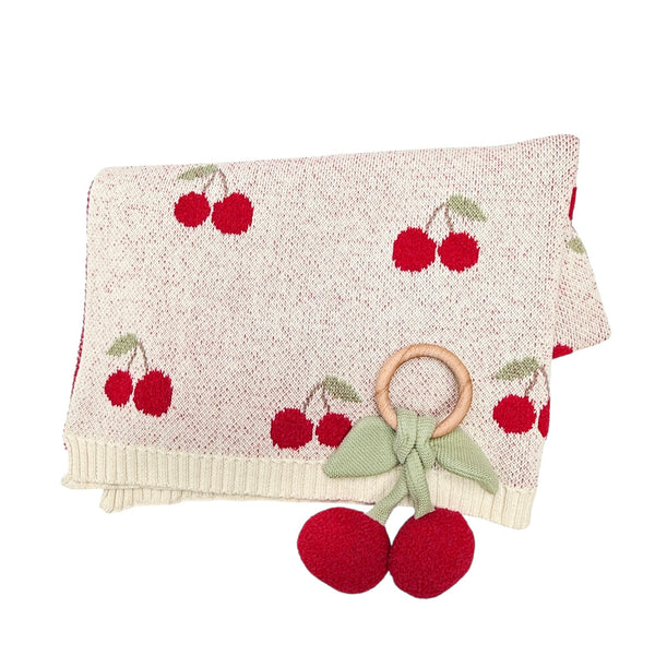 Cherry Organic Baby Blanket + Ring Rattle Toy Set