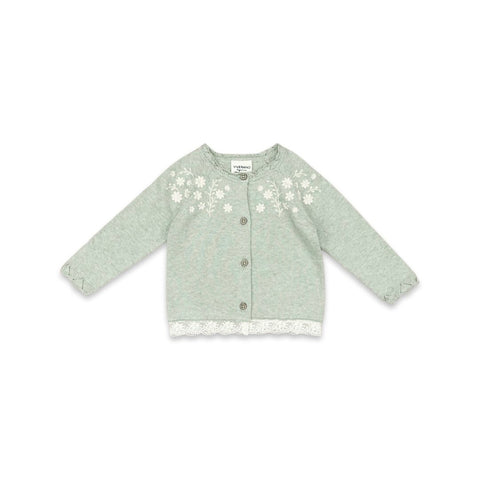 Floral Embroidered Cardigan with Lace Trim/Sage