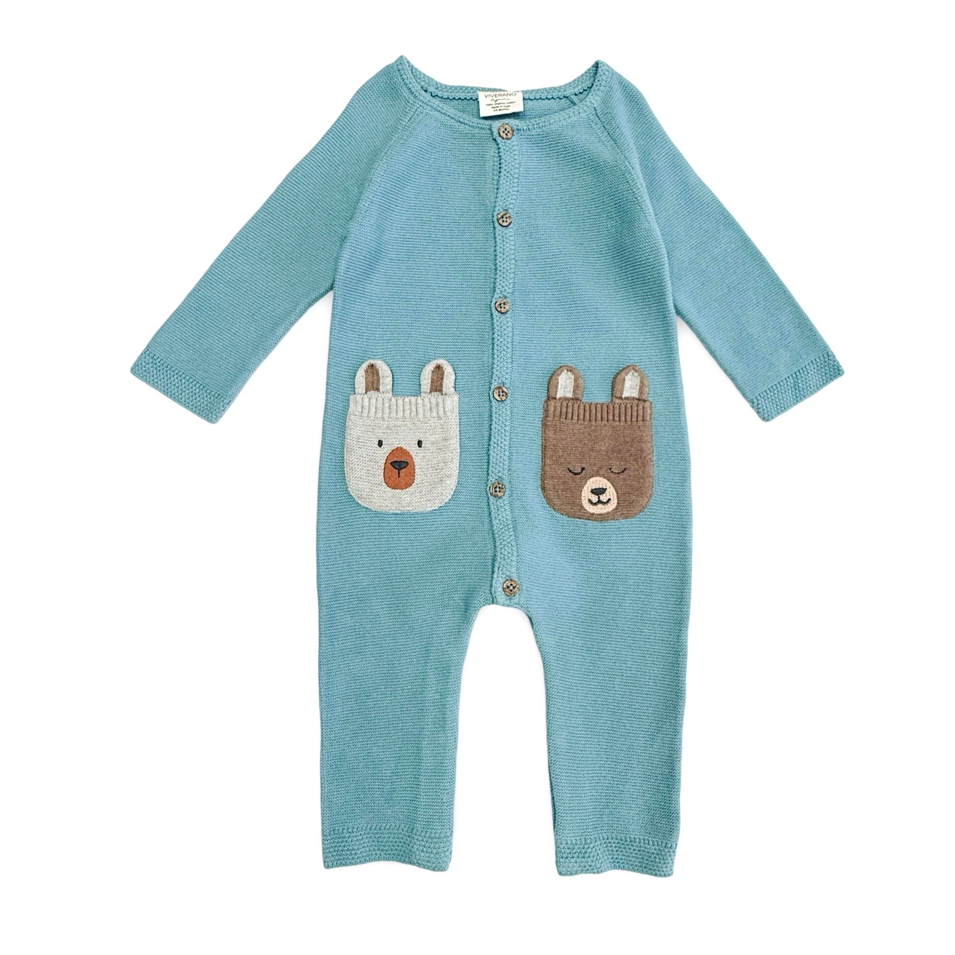 Bear Embroidered Pocket Sweater Knit Romper