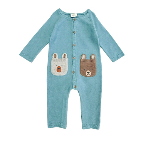 Bear Embroidered Pocket Sweater Knit Romper