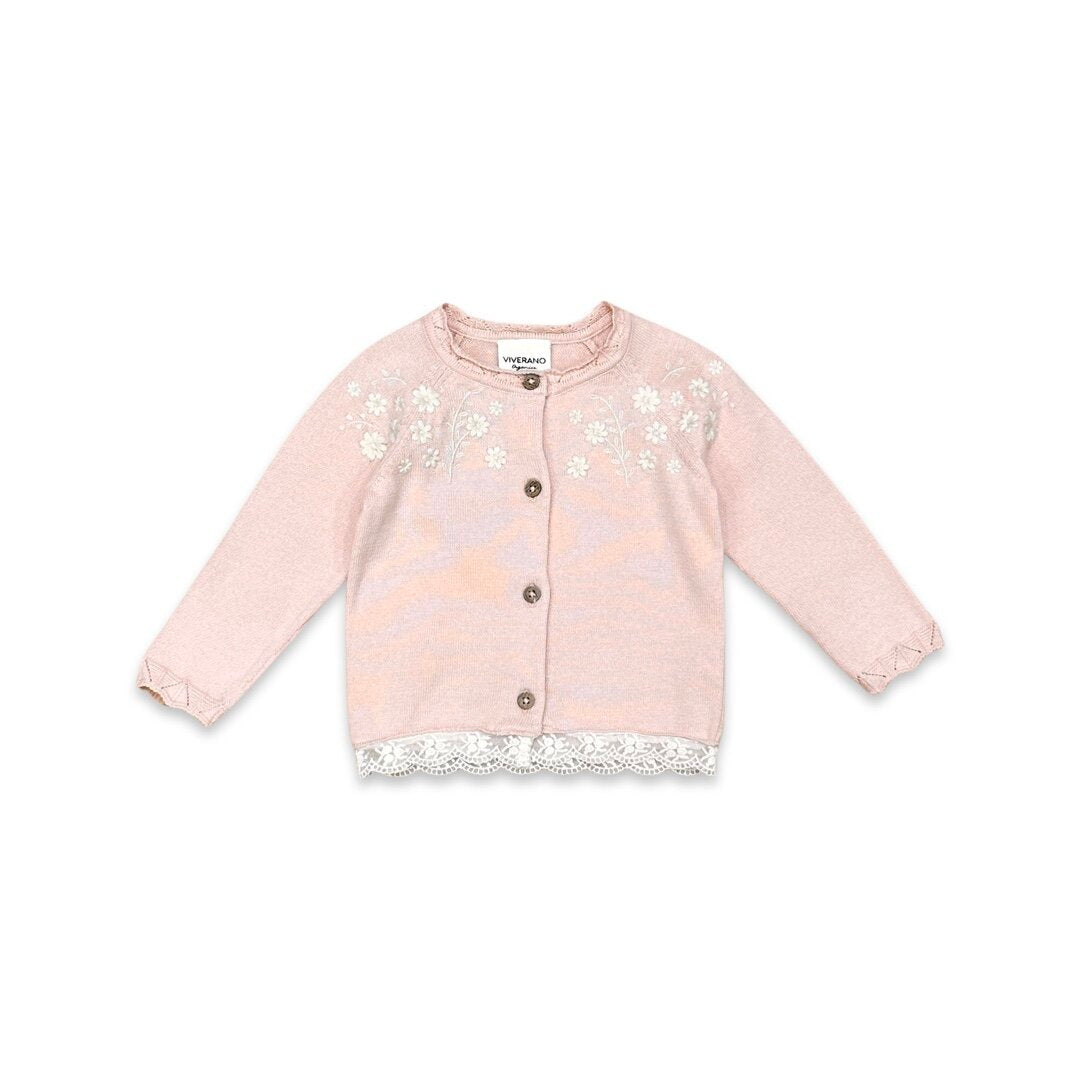 Floral Embroidered Cardigan with Lace Trim/Pink