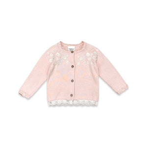 Floral Embroidered Cardigan with Lace Trim/Pink