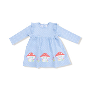 Chambray Blue Dot With Mushroom Houses L/S Dress