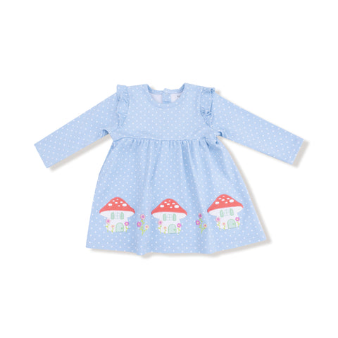 Chambray Blue Dot With Mushroom Houses L/S Dress
