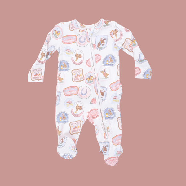 Rodeo Patches Pink - 2 Way Ruffle Back Zipper Footie