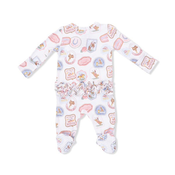 Rodeo Patches Pink - 2 Way Ruffle Back Zipper Footie