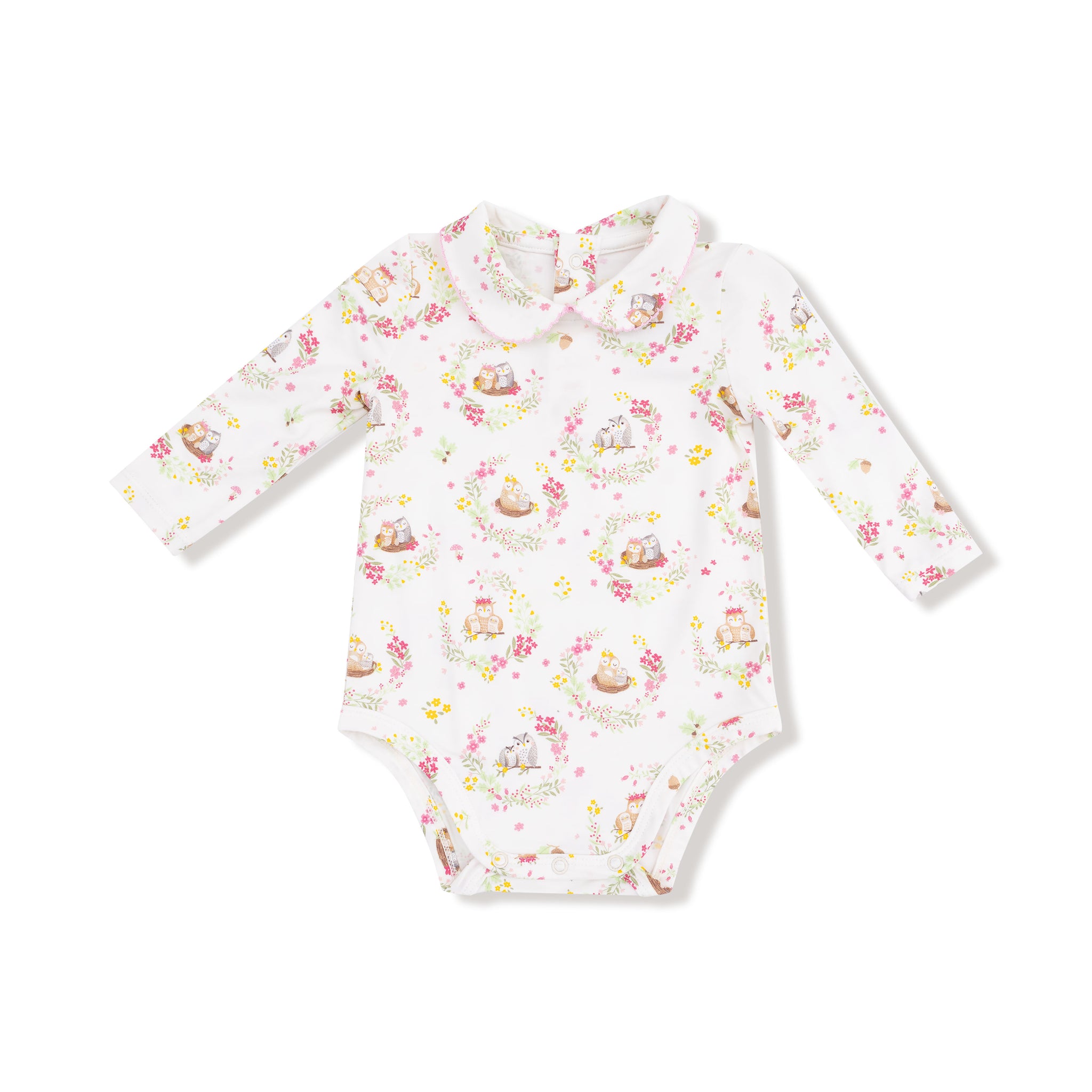 Floral Owl Families Peter Pan Collar Bodysuit