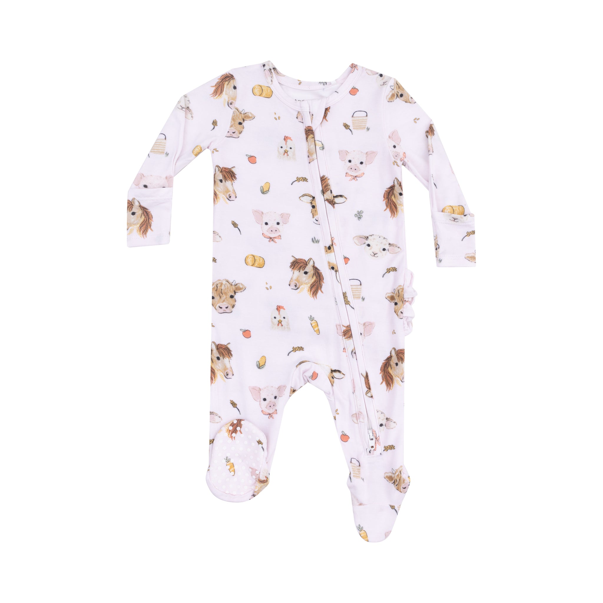 Vintage Animal Faces Pink Ruffle Zipper Footie