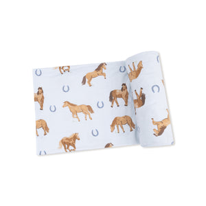 Horses-Blue Bamboo Swaddle Blanket