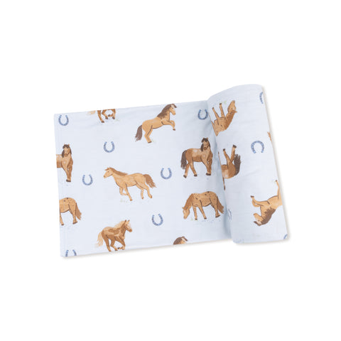 Horses-Blue Bamboo Swaddle Blanket