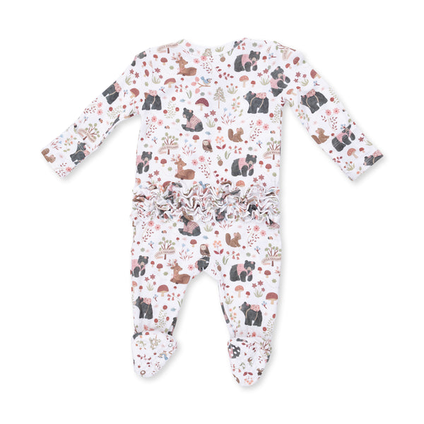 Southern Woodland Animals Pink - 2 Way Ruffle Back Zipper Footie
