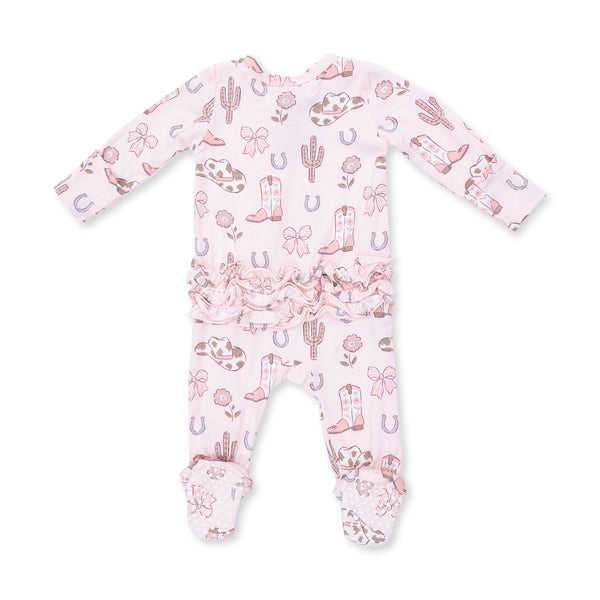 Cowgirl Boots and Bows - 2 Way Ruffle Back Zipper Footie