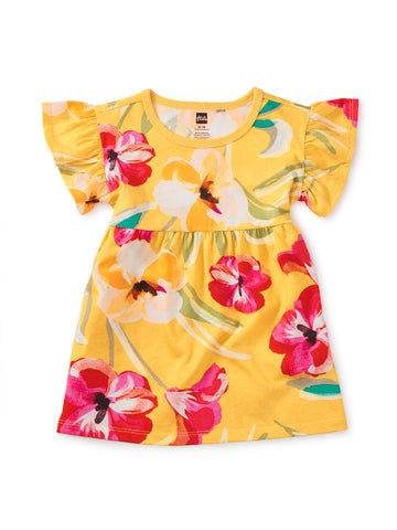 Ruffle Sleeve Baby Dress / Painterly Hibiscus in Yellow