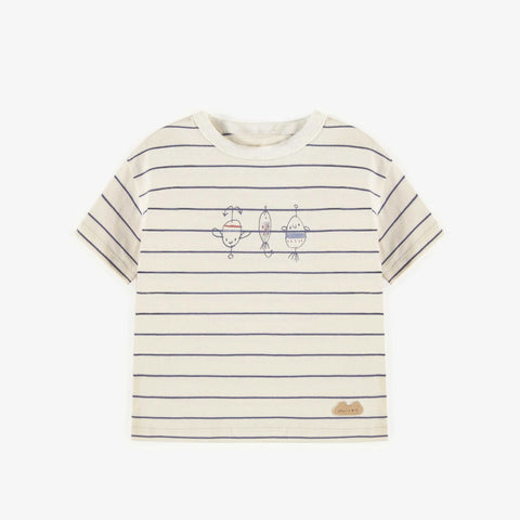 Cream t-shirt with blue stripes